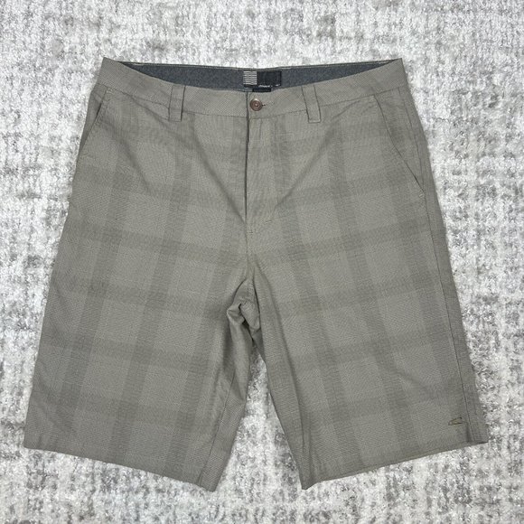 O'Neill Shorts 33 Chino Tan Beige Pockets Plaid Light Weight Casual Chequered - Picture 1 of 11